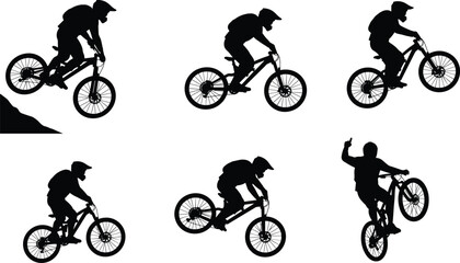 Obraz premium Silhouettes of downhill mountain bikers in dynamic action poses, including jumping, riding, and performing stunts, for extreme sports themes