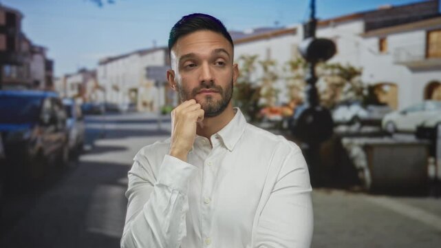 Young hispanic man looking thoughtful and tired on an urban street, wearing a white shirt, captured in a city setting with cars and buildings in the background.