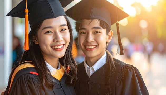 Two graduates in caps and gowns smiling warmly—standing close together in softly lit outdoor setting, evoking achievement, joy, and academic celebration.