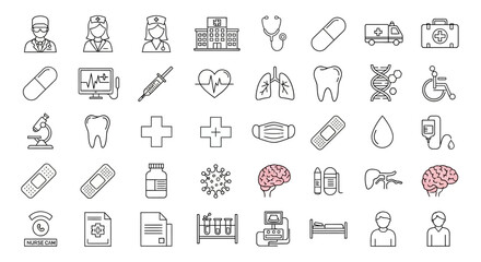 Collection of medical and healthcare-related icons, representing various aspects of medicine.