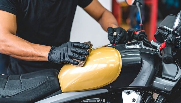 Close-up of a person polishing a motorcycle's gold fuel tank