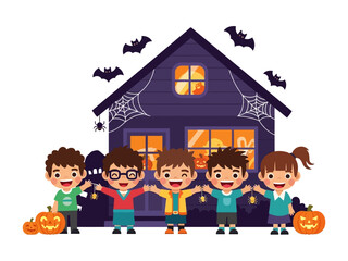 Halloween Adventure: A charming illustration of a group of friends on Halloween night.