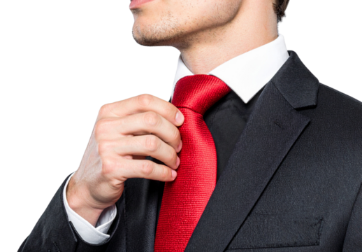 Businessman Adjusting Tie While Wearing Formal Suit, Professional Confidence Concept, Isolated on Transparent Background