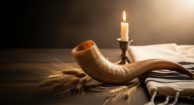 A shofar rests beside a lit candle and a tallit on a wooden table, symbolizing Yom Kippur traditions of fasting and prayer. This scene embodies reflection and spiritual devotion during the holiday - Powered by Adobe