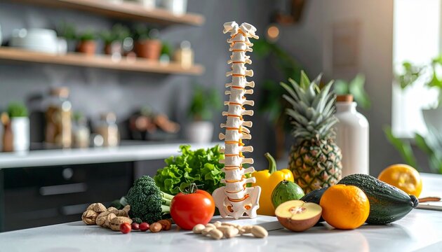 Anatomical spine model on kitchen counter surrounded by fresh fruits, vegetables, and nuts—highlighting connection between nutrition and spinal health.
