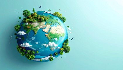 Fototapeta premium Stylized Earth with forests, mountains, clouds, and birds—focusing on Europe, Africa, and Asia, symbolizing ecological diversity and environmental beauty.