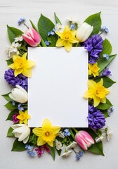A blank white card surrounded by a colorful arrangement of flowers including tulips, daffodils, and hyacinths on a light background.