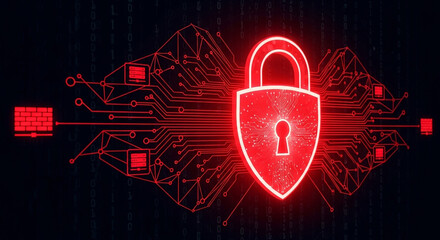 Secure your digital world with this dynamic cyber threat protection graphic featuring a glowing red padlock and circuit board elements against a binary code backdrop