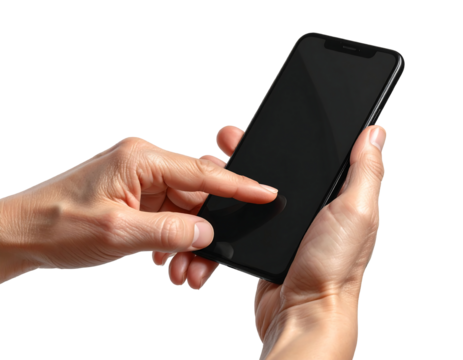Person holding and touching a black smartphone isolated on transparent background