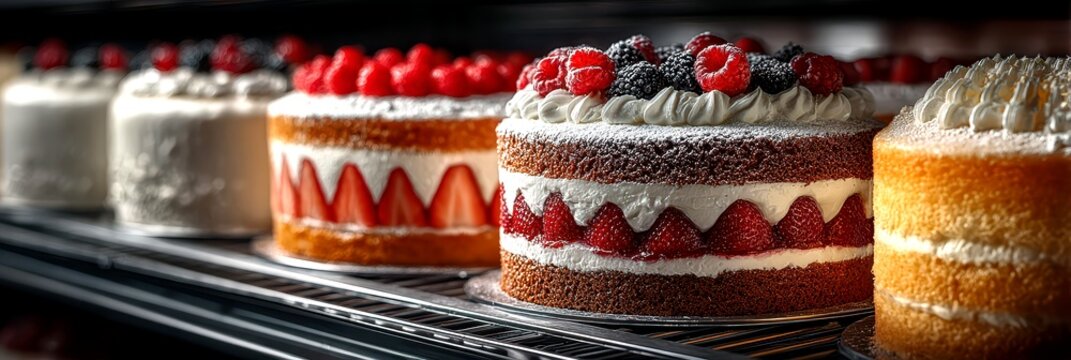 Deliciously decorated cakes displayed in a bakery cabinet during the afternoon hours