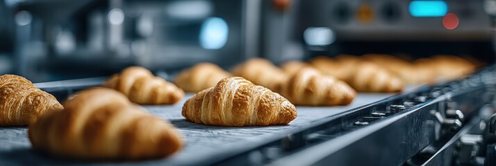 Freshly baked croissants cooling on a conveyor belt in a busy bakery during morning hours