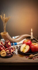 A table setting displays traditional Yom Kippur items, including apples, honey, pomegranates, dates, and a shofar. A flickering candle casts a warm glow, enhancing the sacred atmosphere