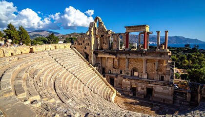 Ancient Greek amphitheater built into hillside with curved stone seating and mountain backdrop—symbolizing classical architecture, culture, and historical legacy.