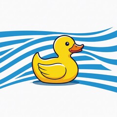 A bright yellow rubber duck floats on a blue wavy background. The duck has a cheerful expression and is commonly associated with bath time and children's toys.
