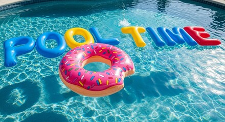 Colorful inflatable letters spelling 'POOL TIME' float in a clear swimming pool alongside a pink donut-shaped float.
