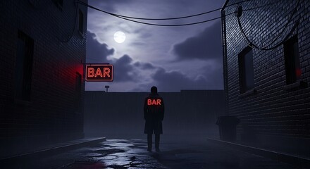 Man in trench coat stands in dark alley with neon bar sign