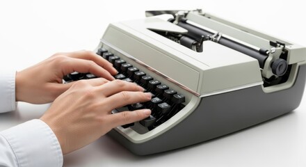Close-up of hands typing on a vintage typewriter from the 1970s, showcasing an iconic moment in writing history