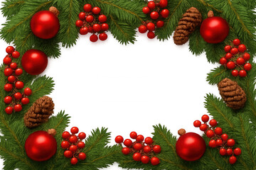 Christmas festive frame with fir branches, red ornaments, berries, and pine cones, transparent background