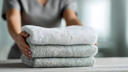 Close up of hands folding a neat stack of clean soft fluffy white and grey towels suggesting hygiene and comfort