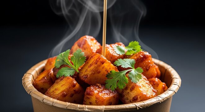 Delicious paneer chilli with sauce being poured over it, garnished with cilantro and steam rising, served in a paper bowl on dark background