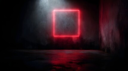 Obraz premium A vibrant red neon square emits a bright glow in a dark textured concrete room