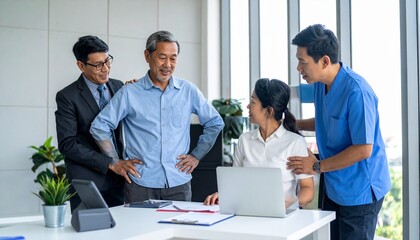 Four individuals in mixed attire discussing around table with laptop and documents—symbolizing professional collaboration, consultation, and interdisciplinary teamwork.