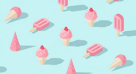 Colorful ice cream cones and popsicles arranged on a light blue background. The scene features various pink shades and playful shapes.