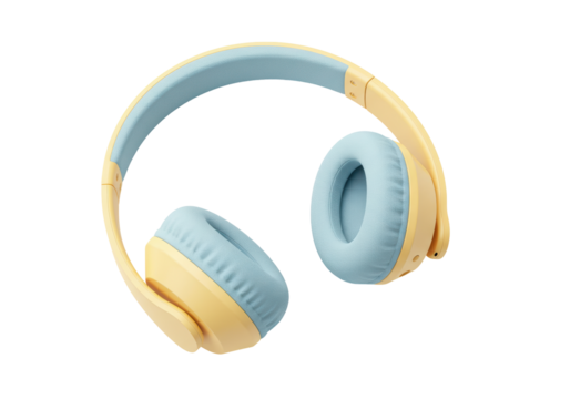 Isolated pale yellow and baby blue lightweight wireless headphones for kids and adults