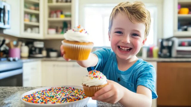 Hands of a child adding toppings to cupcakes in a happy kitchen moment. Sweet, homemade and authentic for lifestyle visuals.
