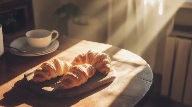 Golden croissants with glistening tops on rustic wood, captured in soft natural light. Perfect for artisan food and home baking concepts.