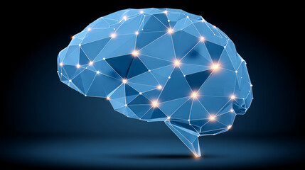 A blue polygonal brain model illuminated with glowing nodes represents artificial ligence, neurological networks, and innovative cognitive technology research.