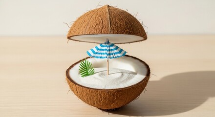A coconut shell with a small beach umbrella and a green leaf inside. The scene represents a tropical theme, evoking relaxation and summer vibes.