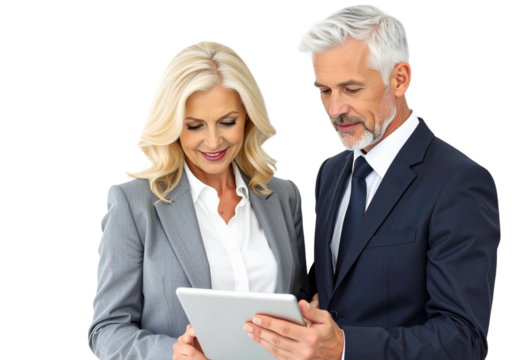 Middle-Aged Businessman and Businesswoman Standing Together Reviewing Data on Tablet, Professional Teamwork Concept, Isolated on Transparent Background