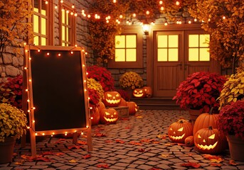 Halloween outdoor scene with blank chalkboard, glowing jack-o'-lanterns, autumn leaves, and string lights