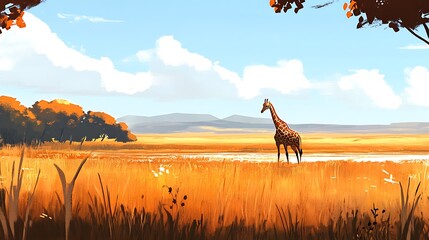 A wild giraffe mammal stands as a silhouette against the golden sunset sky in a safari nature landscape with trees and grass