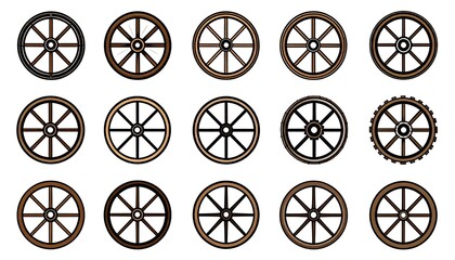 A collection of fifteen isolated wooden wheels of varying spoke designs. Each wheel is brown with a black outline