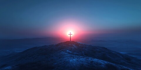 Mountain silhouette under sunrise with cross at the summit