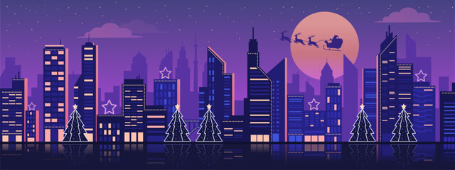 Futuristic vaporwave Christmas background with city skyline