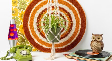 Discover vibrant 70s home decor with macrame plant hangers and shag rugs in a retro setting