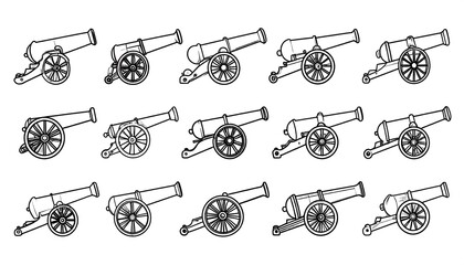 A collection of fifteen stylized, monochrome artillery pieces, presented in rows, depicting various designs