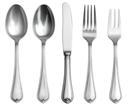 Set of ornate silverware including spoons knife and forks isolated on transparent background