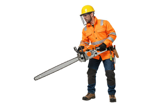 Isolated lumberjack holding chainsaw, wearing protective gear including work boots and hard hat