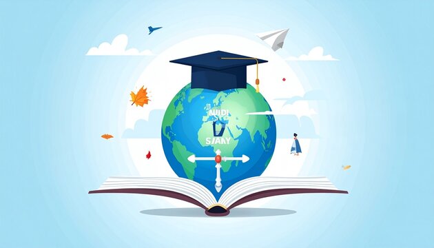 Stylized illustration of globe with graduation cap above open book, surrounded by paper airplane, autumn leaves, ladder, and signpost—symbolizing global education, exploration, and learning pathways.