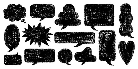 Speech bubble. Crayon text frame set. Grunge doodle chalk texture hand drawn speech bubble. Crayon sketch illustration. Comic text frame box. Talk speech shape. Pencil marker pastel black balloon bg