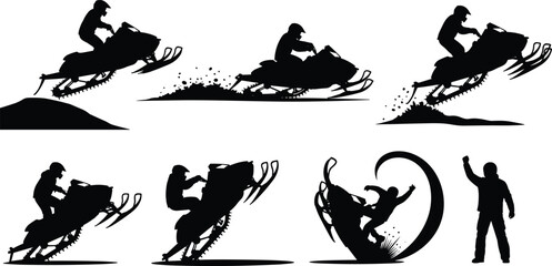 Silhouettes of snowmobile riders in various action poses, including jumping, racing, and splashing snow, for winter sports and recreation themes