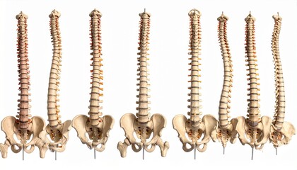 Eight anatomical spine models with pelvises, showing variations in curvature and vertebral alignment—used for medical education and spinal condition analysis.