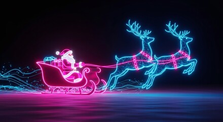 Neon Santa Claus Sleigh with Reindeer on a Black Background, Creating a High-Contrast Banner for Christmas Sales and Promotions.