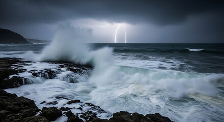 Fototapeta premium Stormy ocean waves crashing against rocks with lightning strikes in the distance under dark clouds ai generated