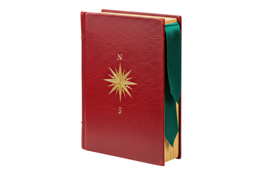 Isolated bound book with compass emblem is a vintage style, ready to read, display