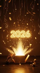 Bright Neon 2026 Emerging from a Glowing Surprise Gift Box with Gold Streamers and Confetti, Ideal for New Year's Eve Social Media